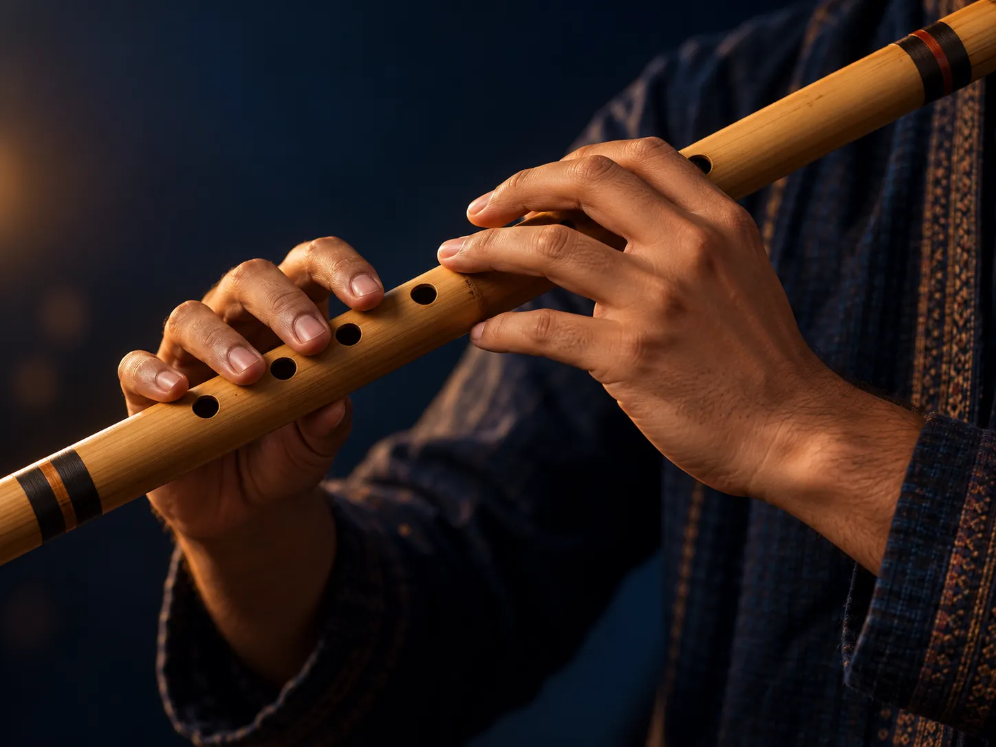 Hands playing a bamboo bansuri