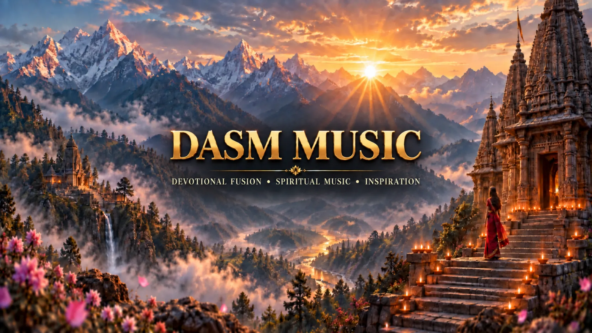 DASM Music — devotional fusion, spiritual music, inspiration. Golden title over Himalayan peaks at sunrise and a lamp-lit stone stairway.
